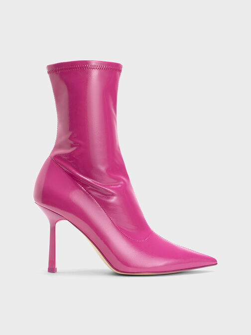 Patent Crinkle-Effect Pointed-Toe Stiletto Heel Ankle Boots, Fuchsia, hi-res