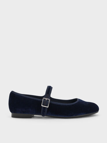 Carmel Velvet Buckled Mary Jane Flats, Dark Blue, hi-res