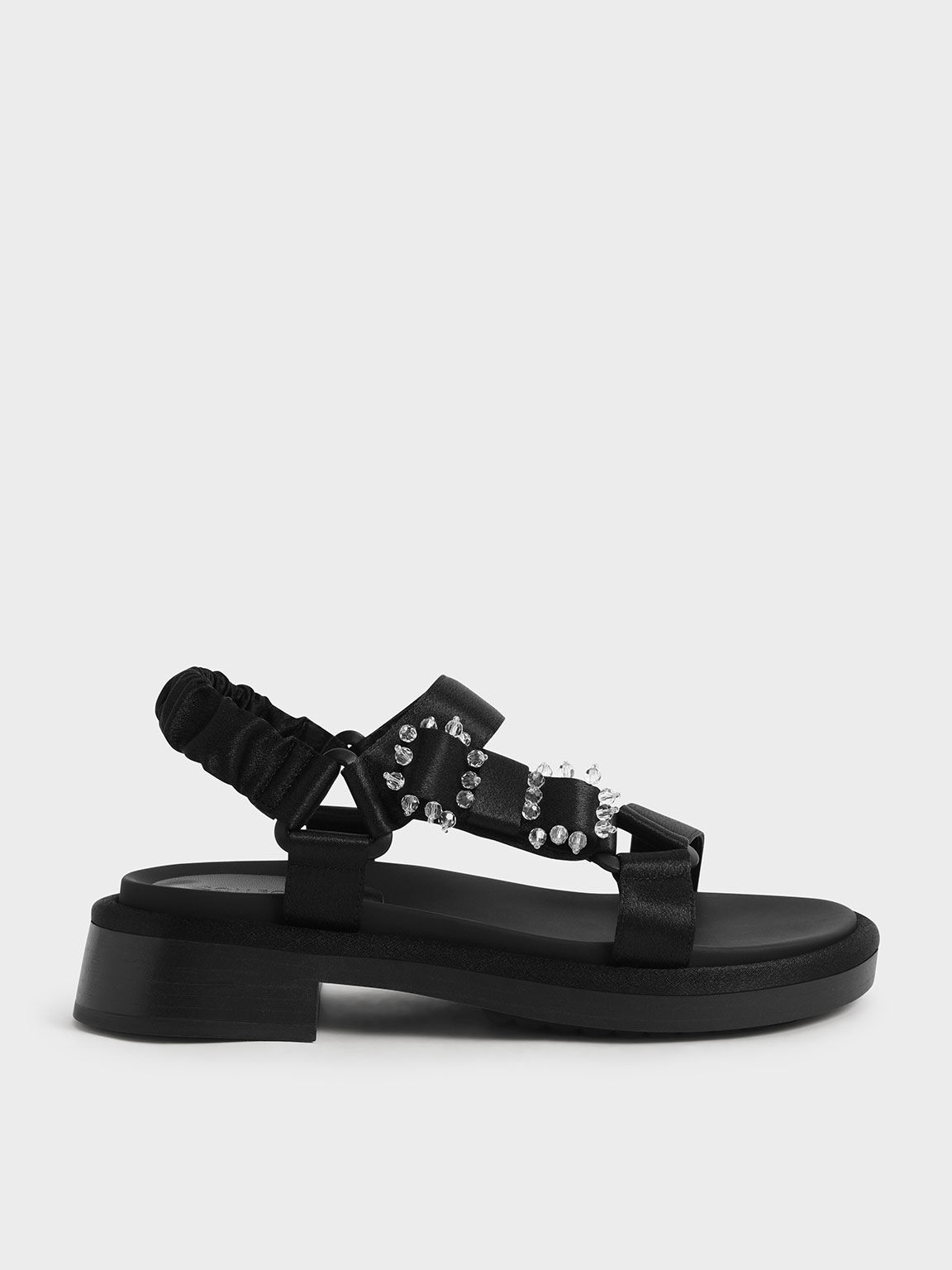 Miko Gem-Embellished Satin Sandals, Black, hi-res