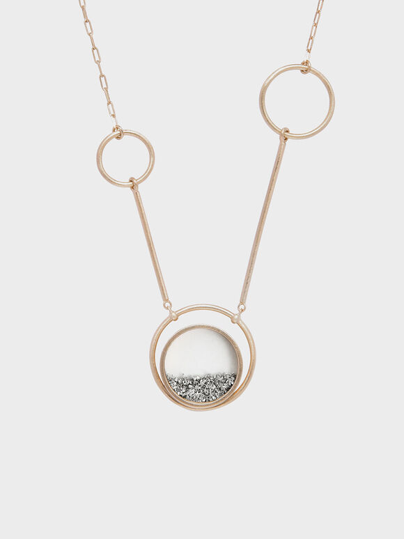 Silver Sparkling Sandstone Ring Detail Floating Locket Matinee Necklace, Gold, hi-res