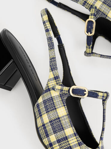 Checkered T-Bar Slingback Mary Jane Pumps, Yellow, hi-res