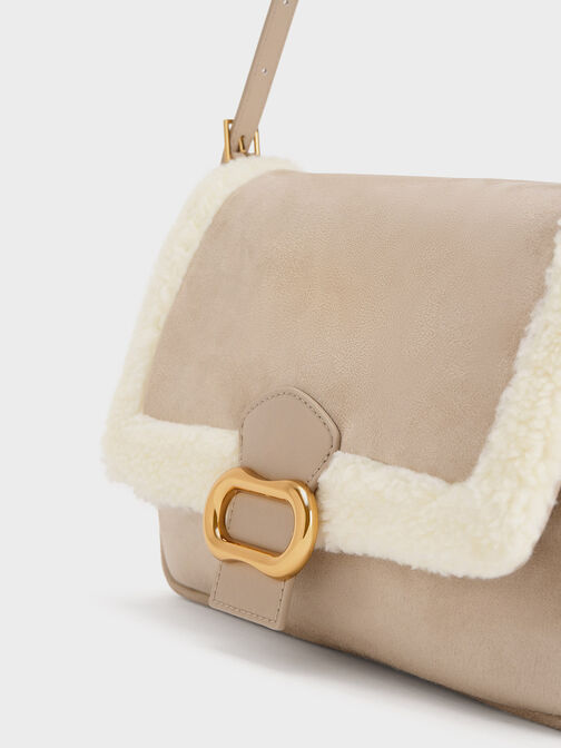 Daki Fur-Trim Belted Trapeze Bag, Beige, hi-res