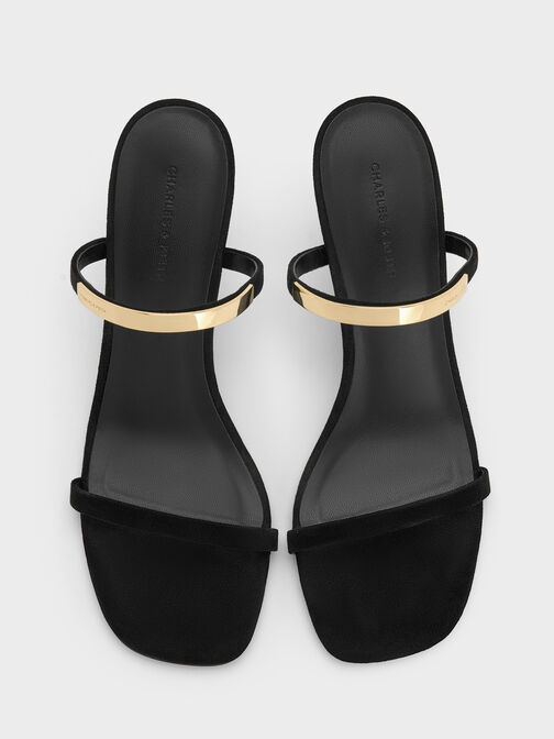 Faux Suede Metallic-Accent Double-Strap Heeled Sandals, Black Textured, hi-res