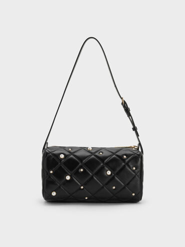 Janie Quilted Pearl Shoulder Bag, Black, hi-res