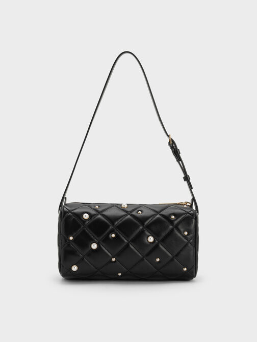 Janie Quilted Pearl Shoulder Bag, Black, hi-res