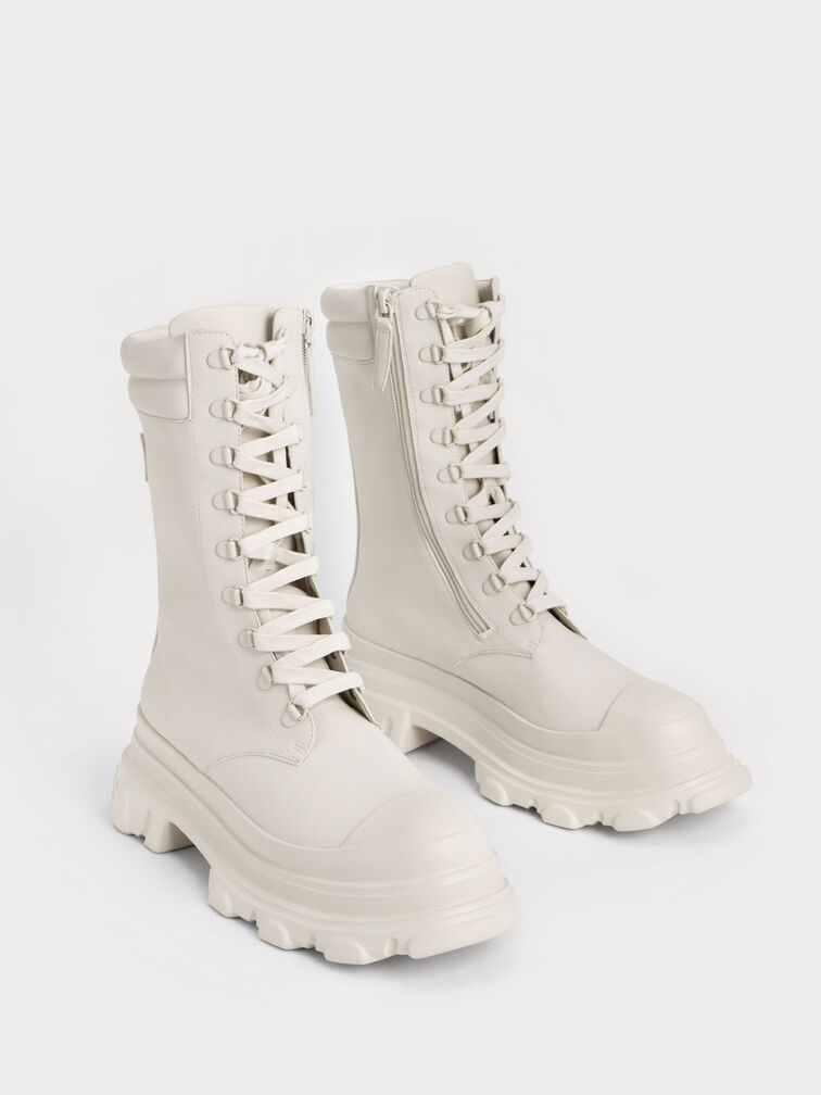 Chunky Sole Padded Combat Boots, Chalk, hi-res