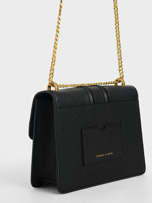 Metallic Push-Lock Shoulder Bag, Black, hi-res