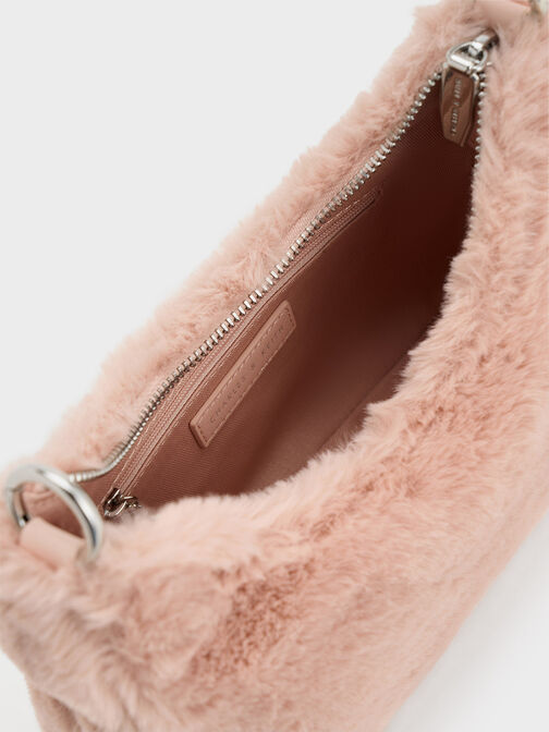 Furry Lock & Key Chain Handle Bag, Pink, hi-res