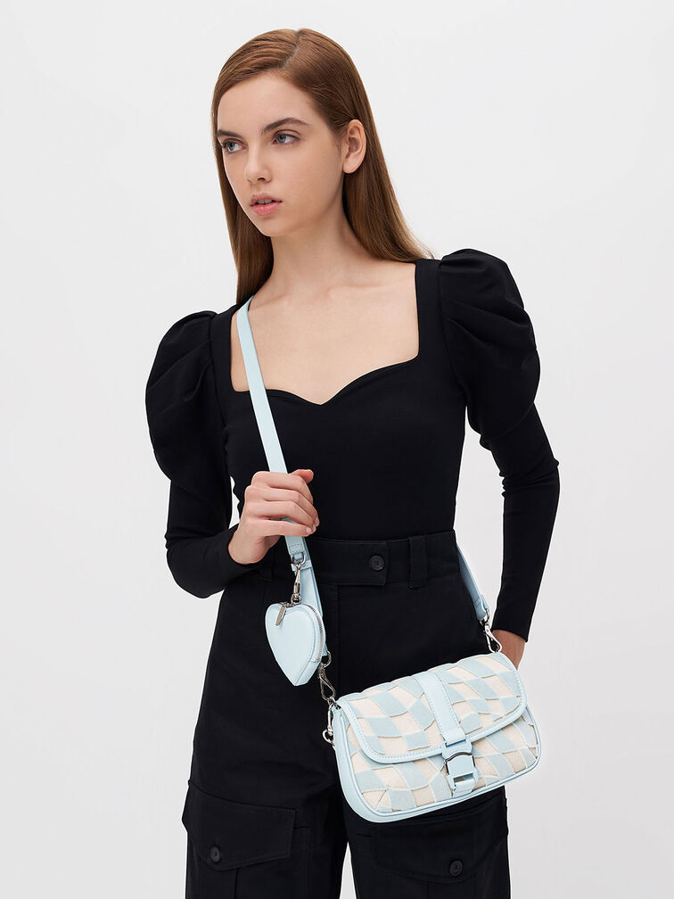 Zetta Checkered Canvas Crossbody Bag, Light Blue, hi-res
