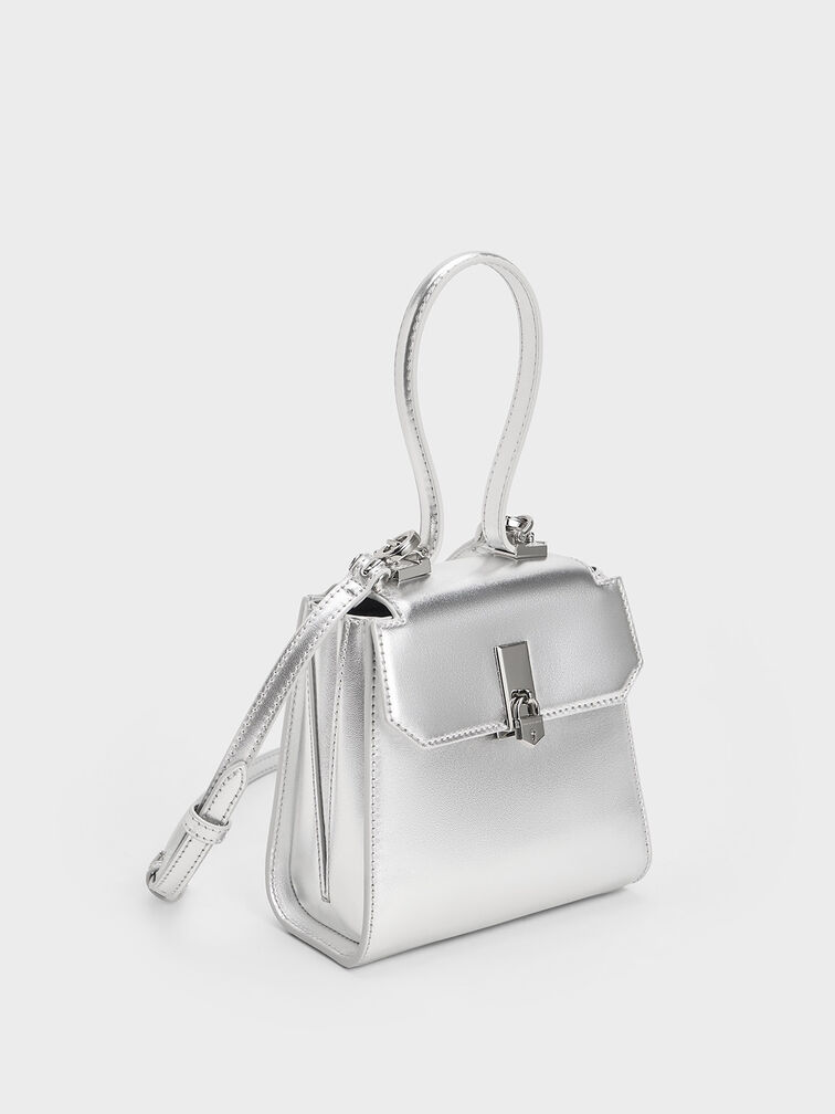 Locket Metallic Chain-Link Trapeze Bag, Silver, hi-res