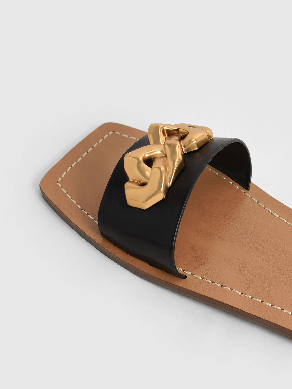 Chain Accent Slide Sandals, Black, hi-res