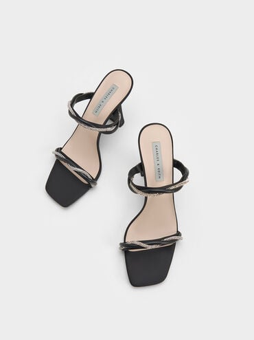Embellished Twisted Strap Satin Sandals, Black, hi-res