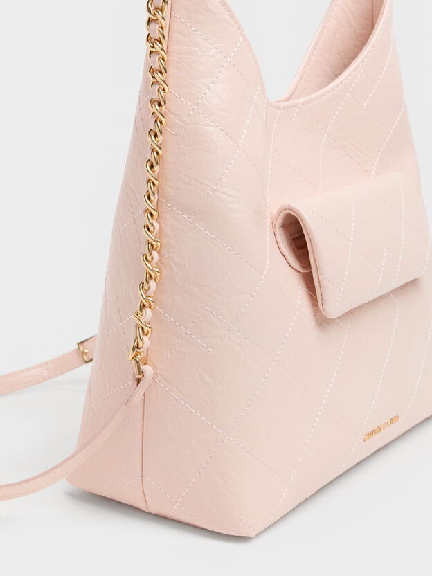 Duo Quilted Front-Pocket Chain Hobo Bag, Soft Pink, hi-res