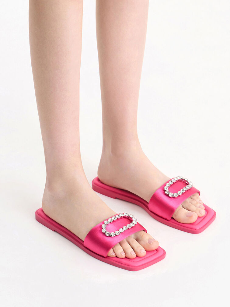 Gem-Embellished Recycled Polyester Slides, Pink, hi-res