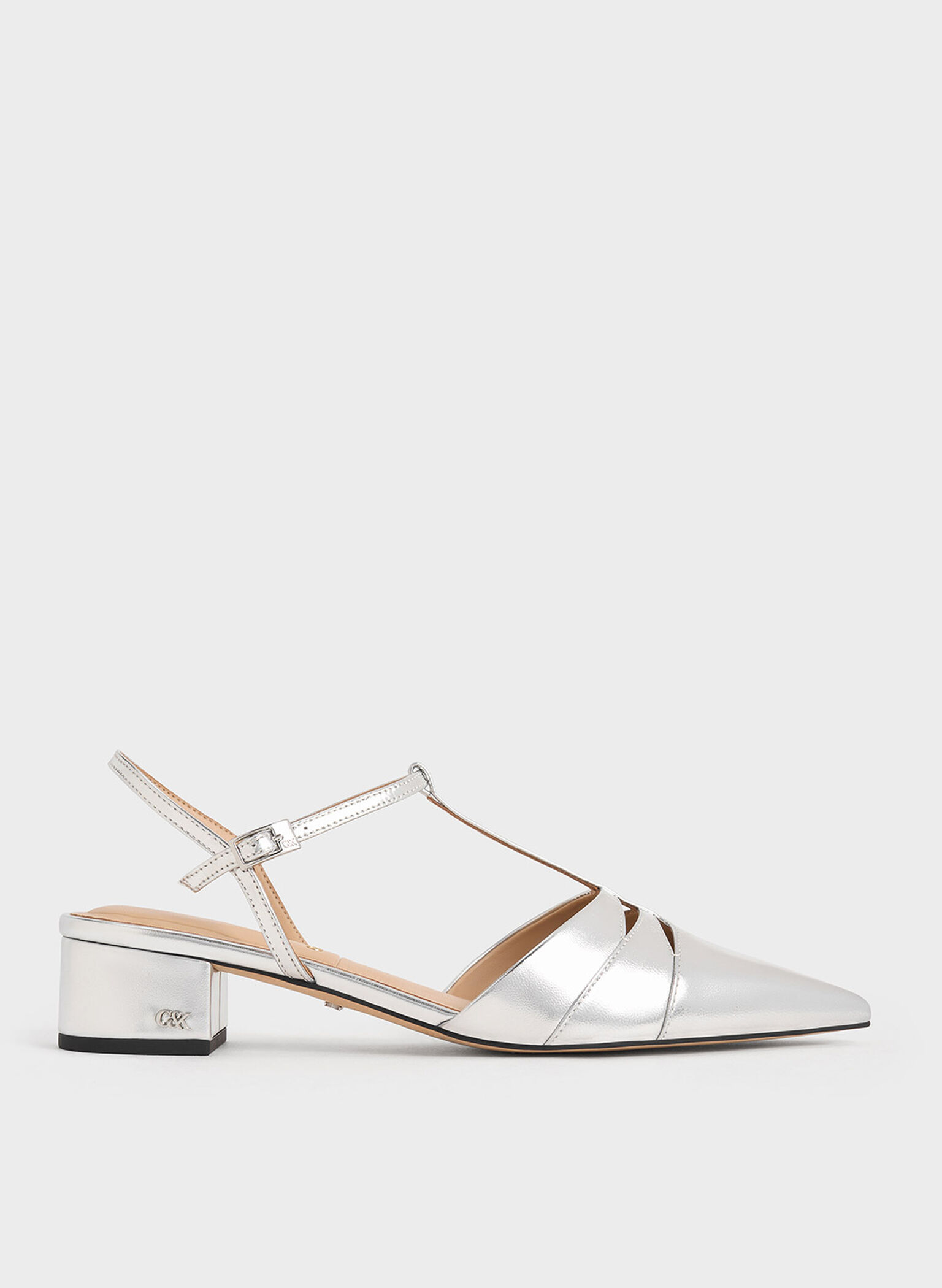 Tacones de bloque con tira en T de cuero metalizado, Plateado, hi-res