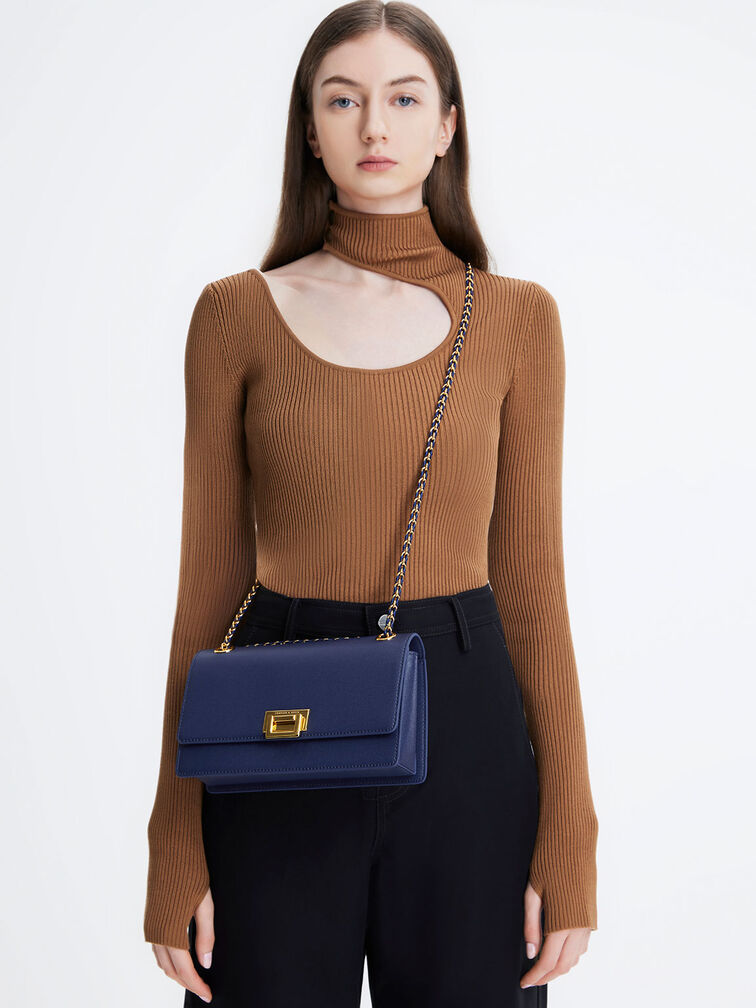 Navy Metallic Accent Front Flap Bag - CHARLES & KEITH US
