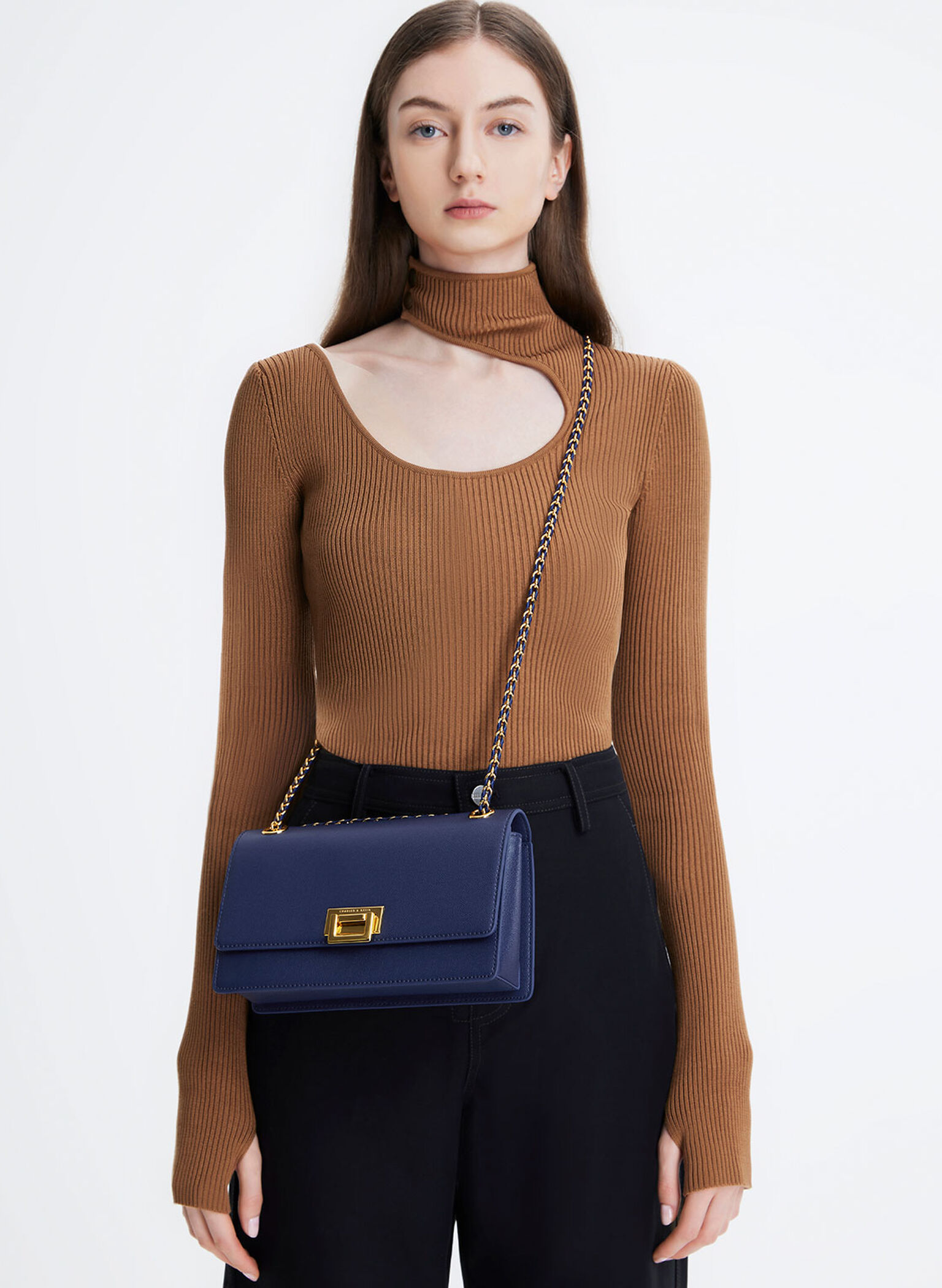 Metallic Accent Front Flap Bag - Navy