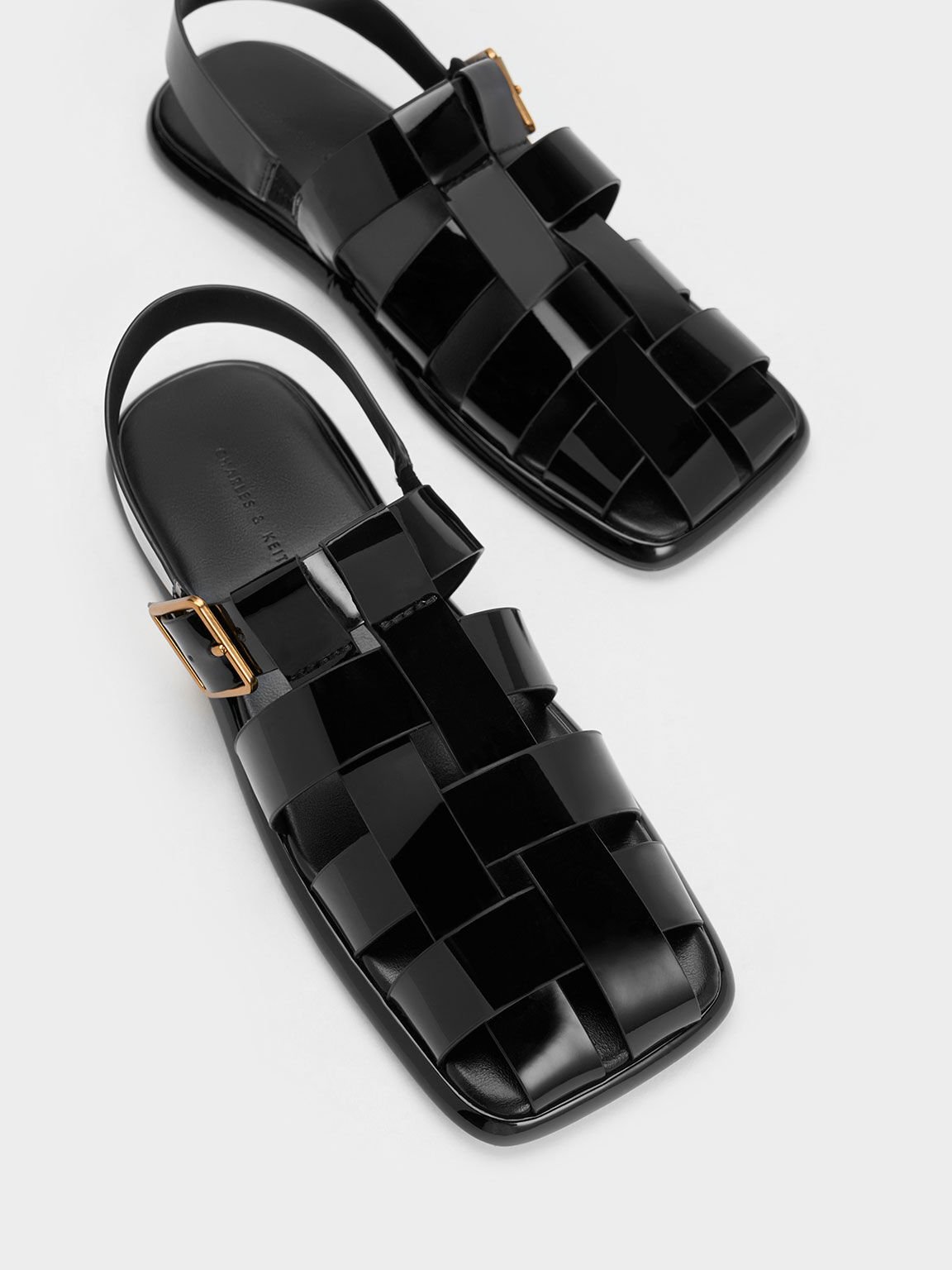 Metallic Buckle Caged Patent Slingback Sandals, Black Patent, hi-res