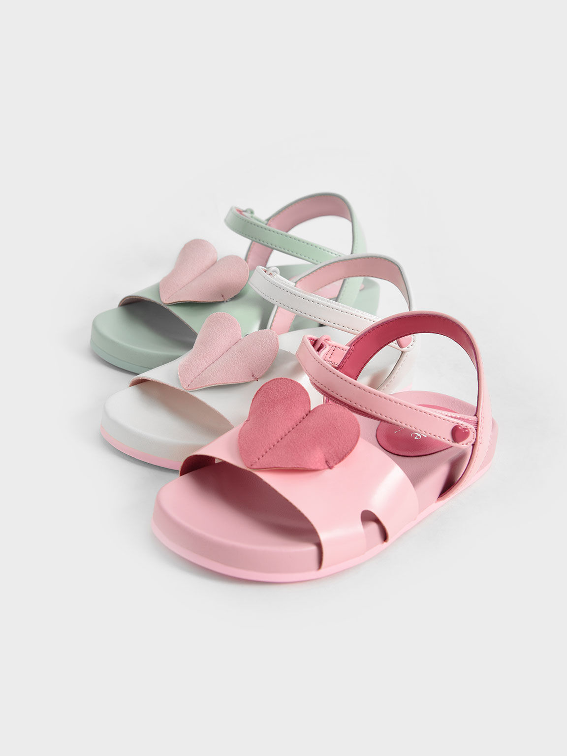Girls' Heart-Motif Ankle Strap Sandals, Light Green, hi-res