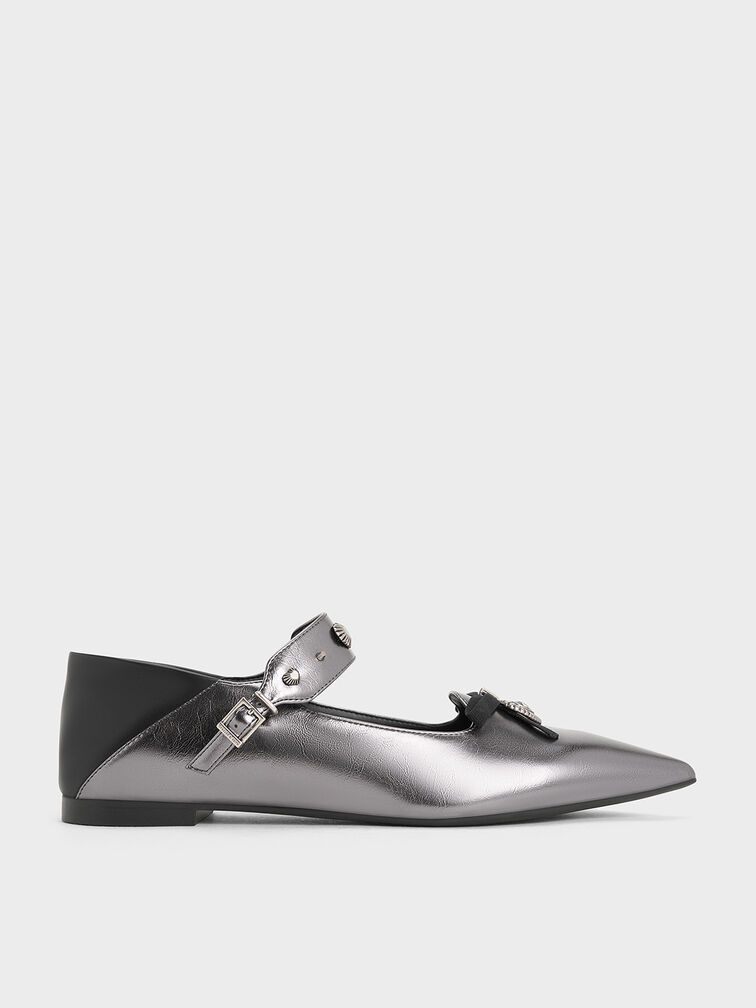 Studded Heart-Embellished Pointed-Toe Mary Janes, Pewter, hi-res