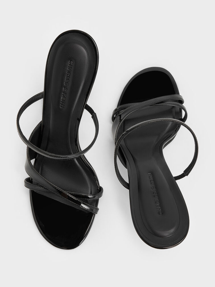 Patent Crossover Sculptural-Heel Strappy Mules, Black Patent, hi-res