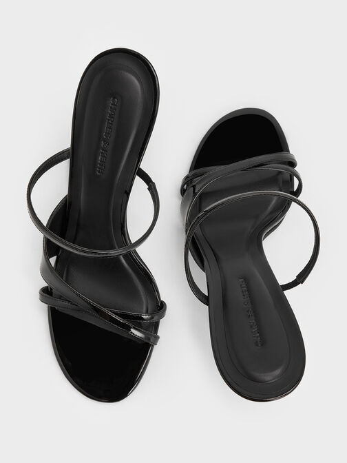Patent Crossover Sculptural-Heel Strappy Mules, Black Patent, hi-res