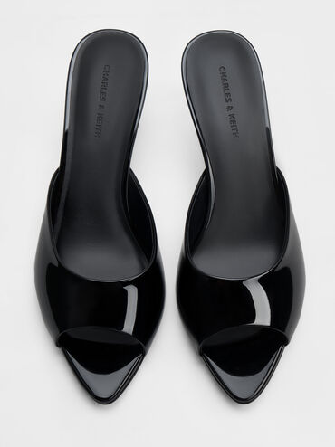 Patent Pointed Peep-Toe Heeled Mules, Black Patent, hi-res