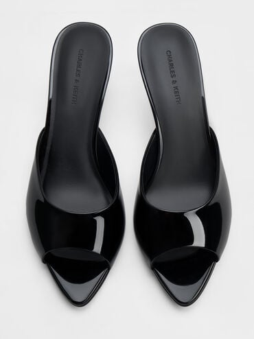 Patent Pointed Peep-Toe Heeled Mules, Black Patent, hi-res