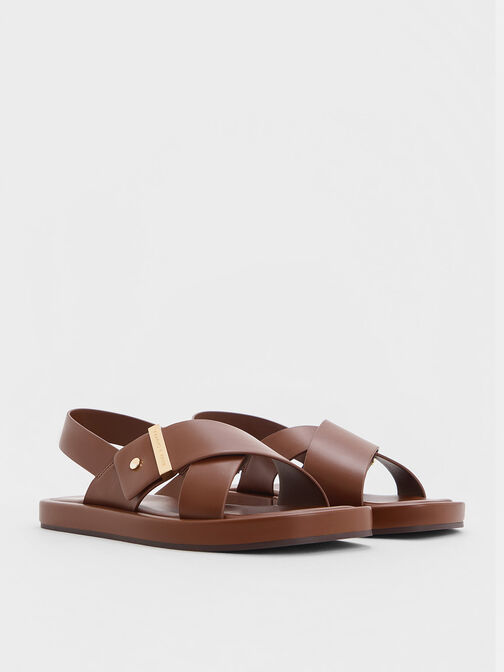 Crossover-Strap Slingback Sandals, Dark Brown, hi-res