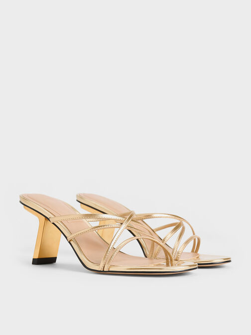 Orly Leather Metallic Strappy Slant-Heel Mules, Gold, hi-res