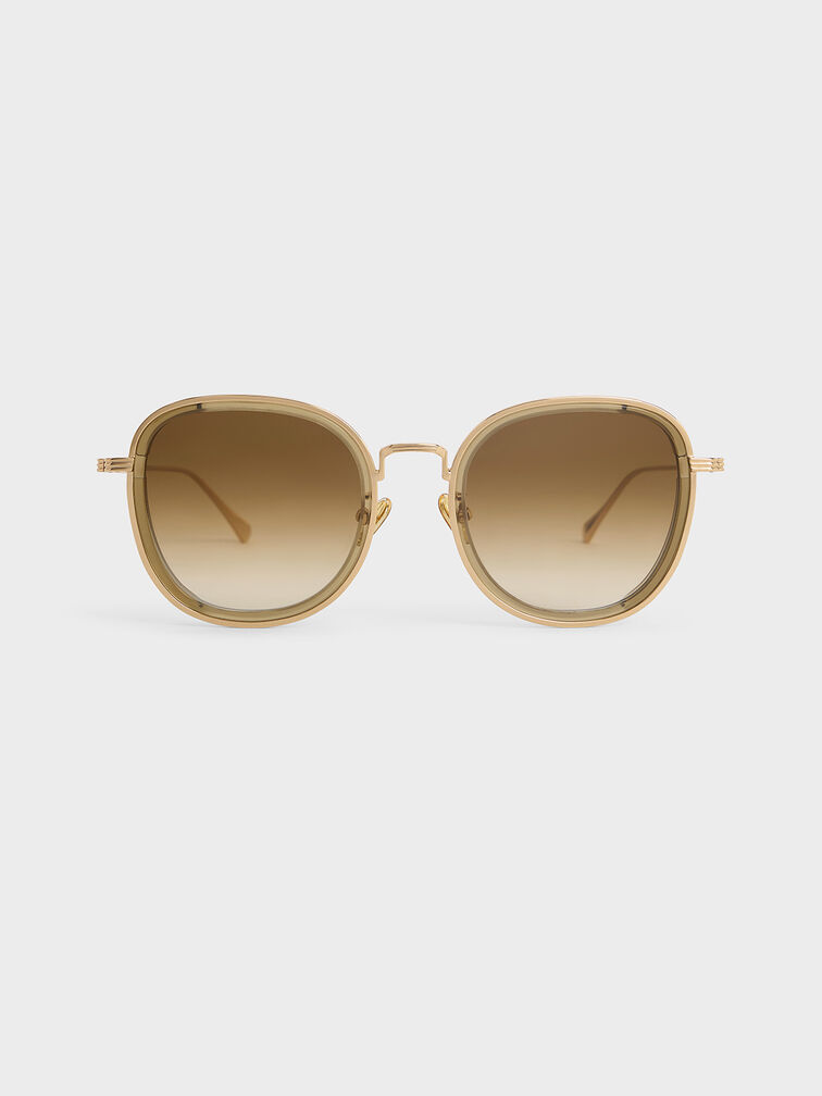 Lynx Recycled Acetate Metallic-Rim Oversized Sunglasses, Khaki, hi-res