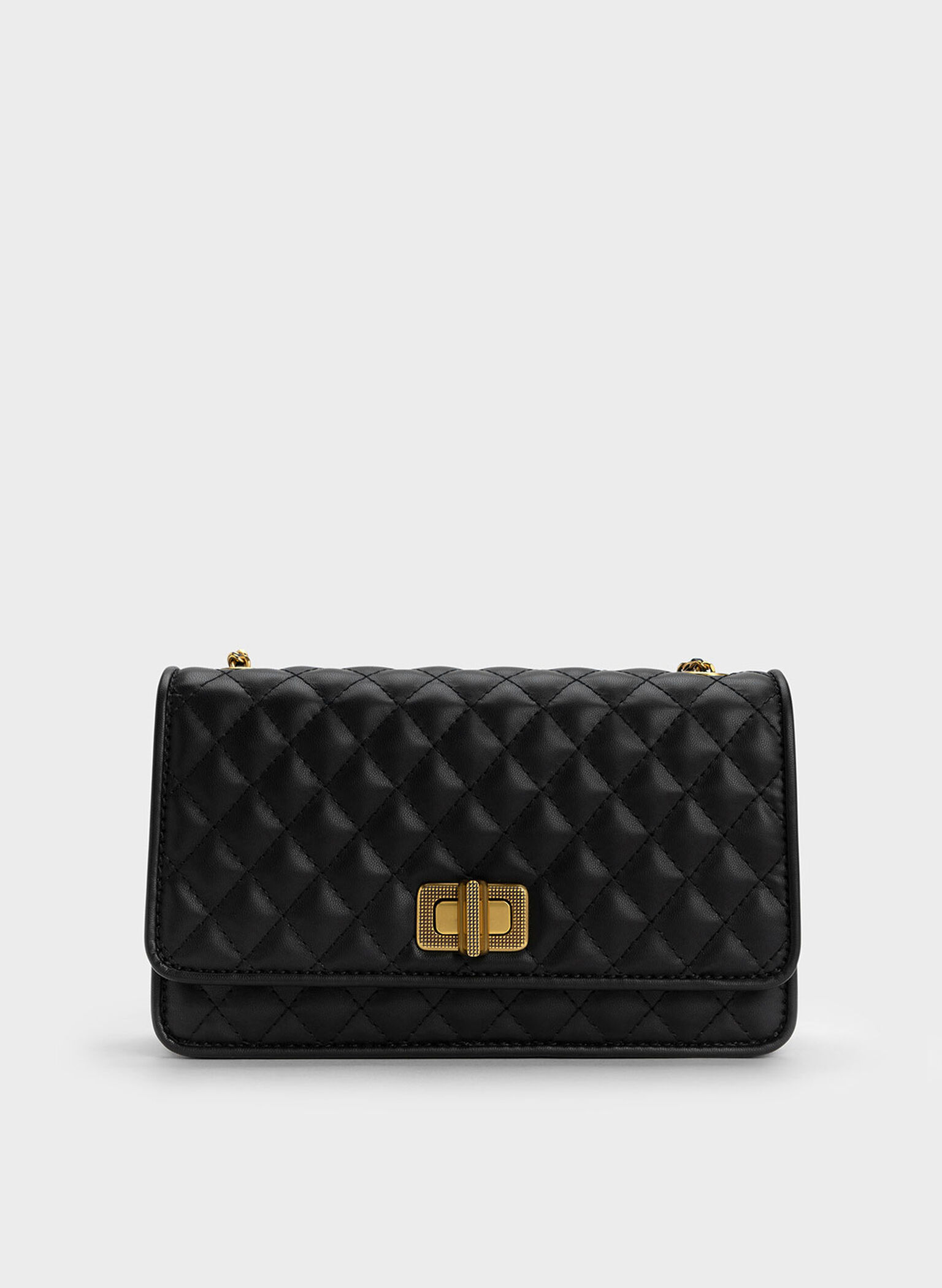 Metallic Turn-Lock Quilted Clutch, Black, hi-res