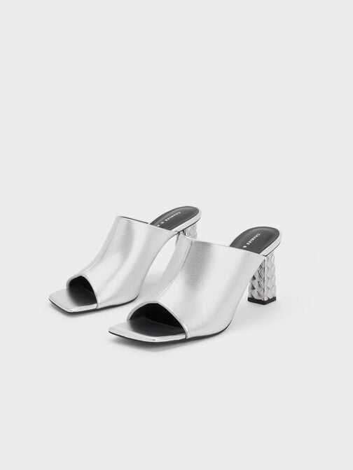 Open Toe Quilted Heel Mules, Silver, hi-res