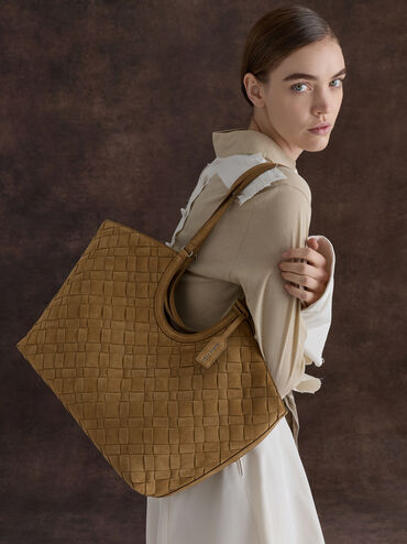 Ivette Recycled Suede Woven Tote Bag, Sahara Sand, hi-res