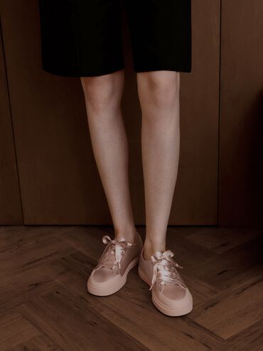 Satin Lace-Up Sneakers, Light Pink, hi-res