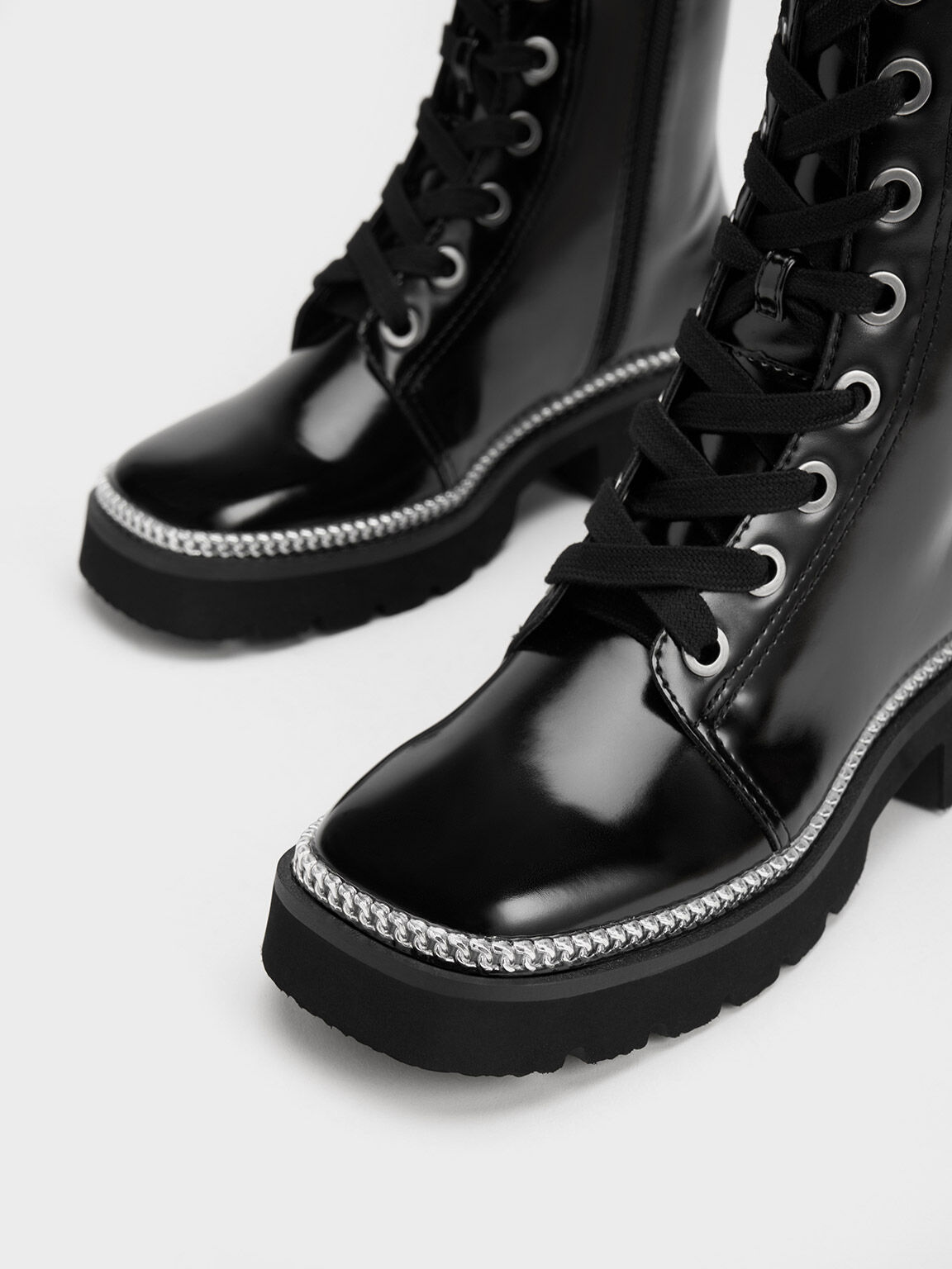 Chain-Trim Lace-Up Boots, Black, hi-res
