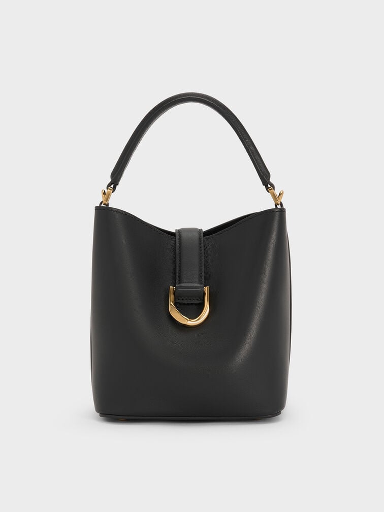 Gabine Leather Belted Top-Handle Bucket Bag, Black, hi-res