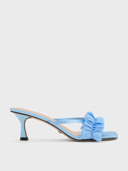 Recycled Polyester Ruffled Mesh Heeled Mules, Blue, hi-res