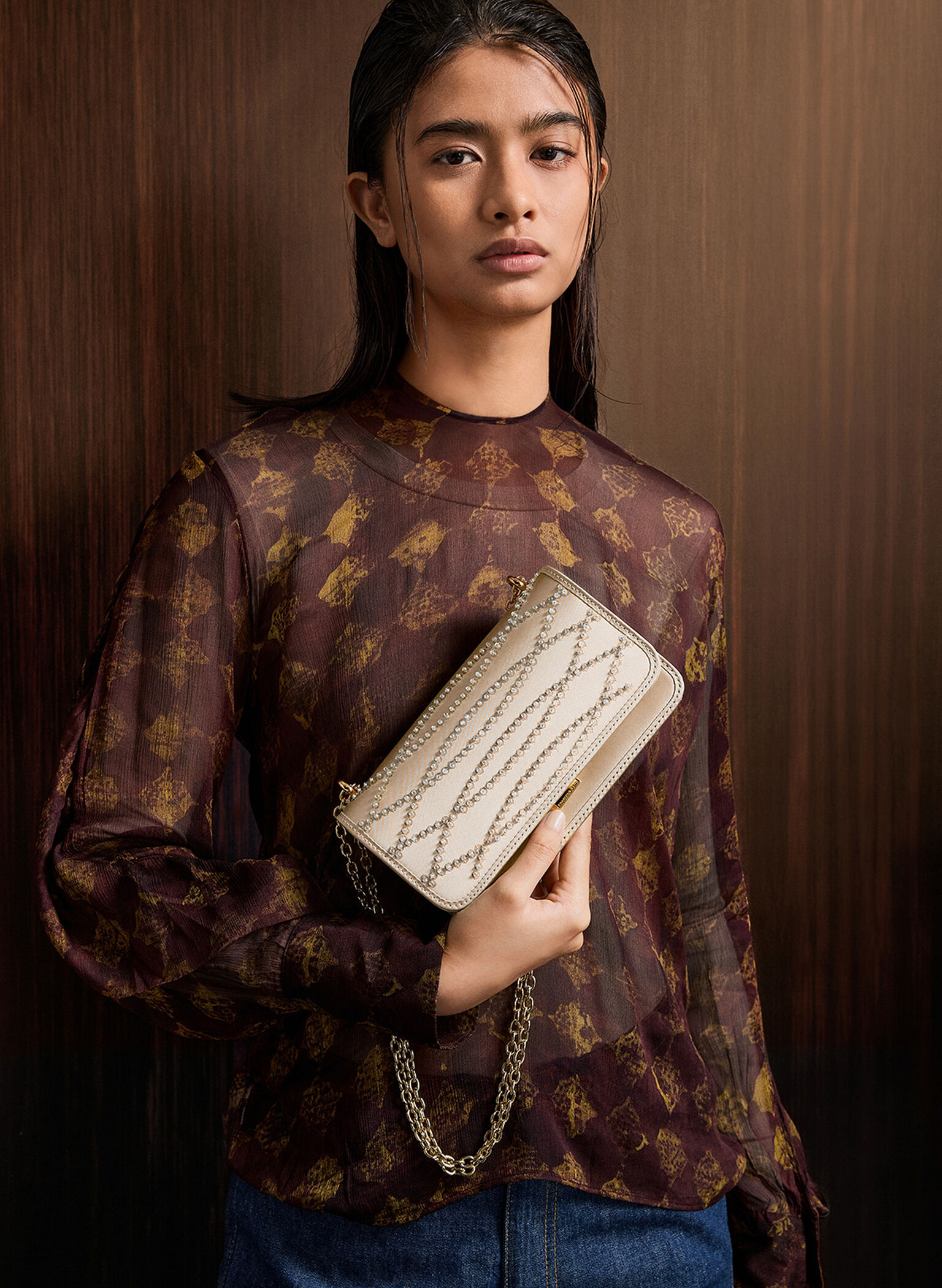 Satin Sequinned Chain-Handle Mini Bag, Light Gold, hi-res
