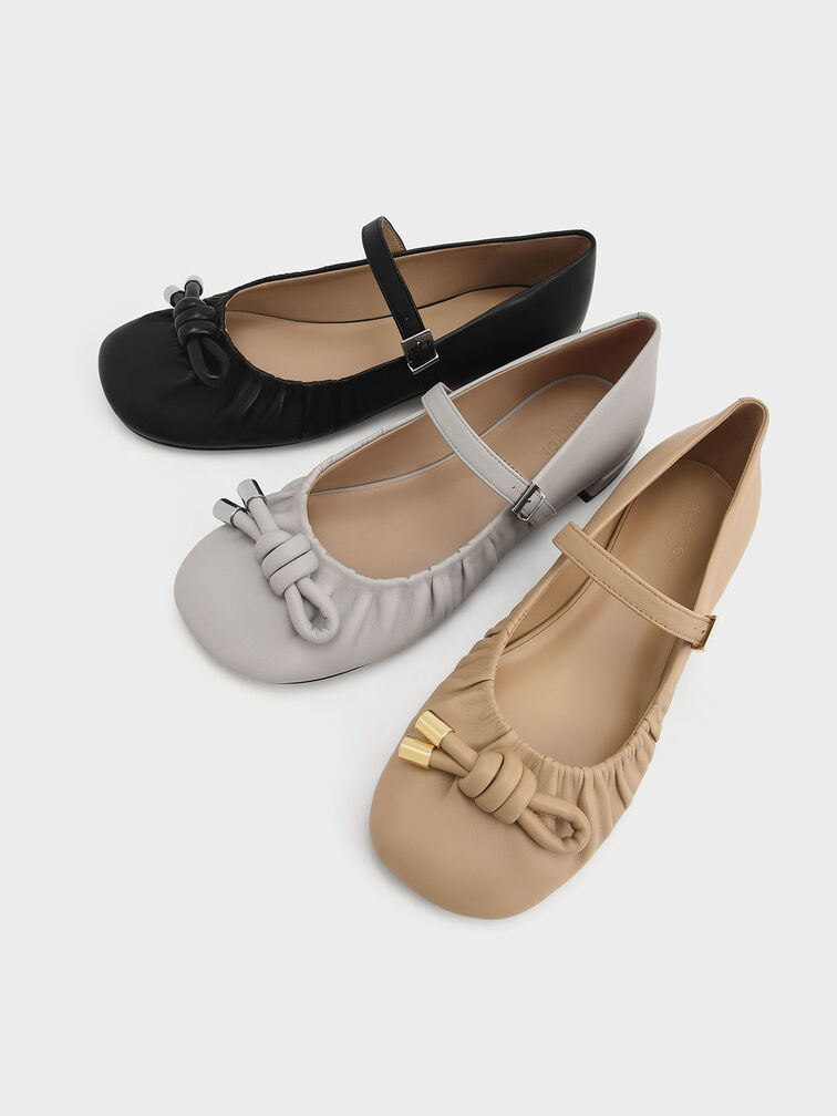 Leather Knotted Ruched Mary Jane Flats, Grey, hi-res