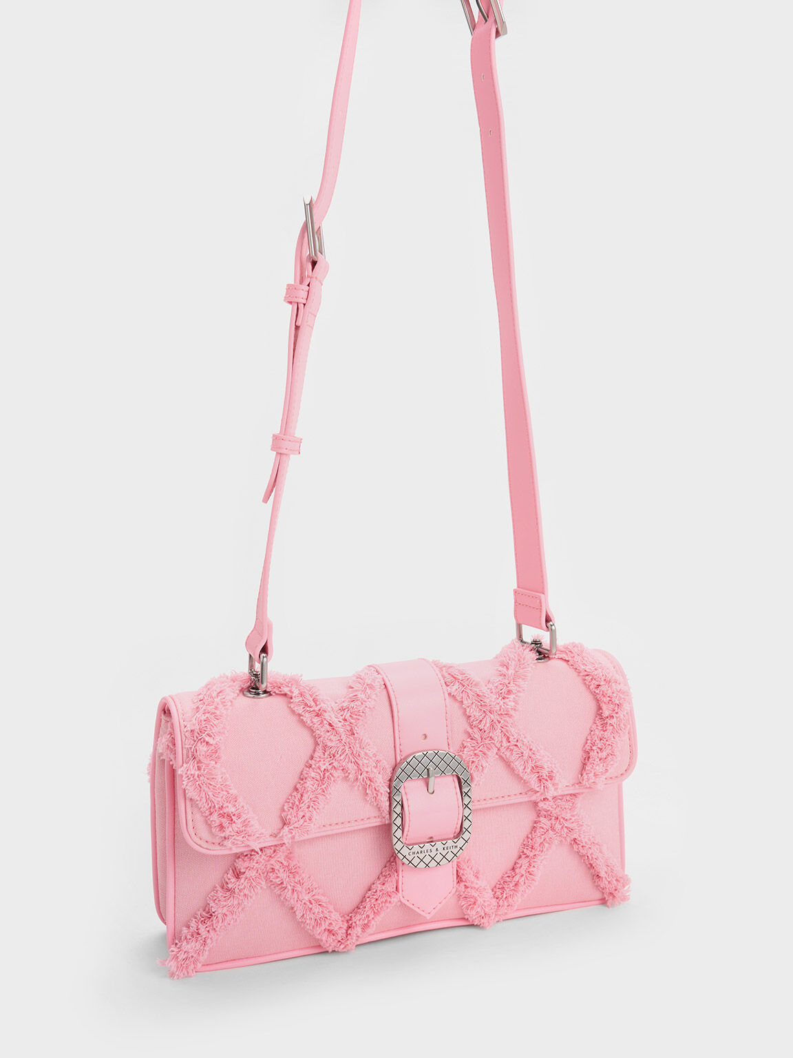 Eilith Frayed Denim Buckled Bag, Pink, hi-res