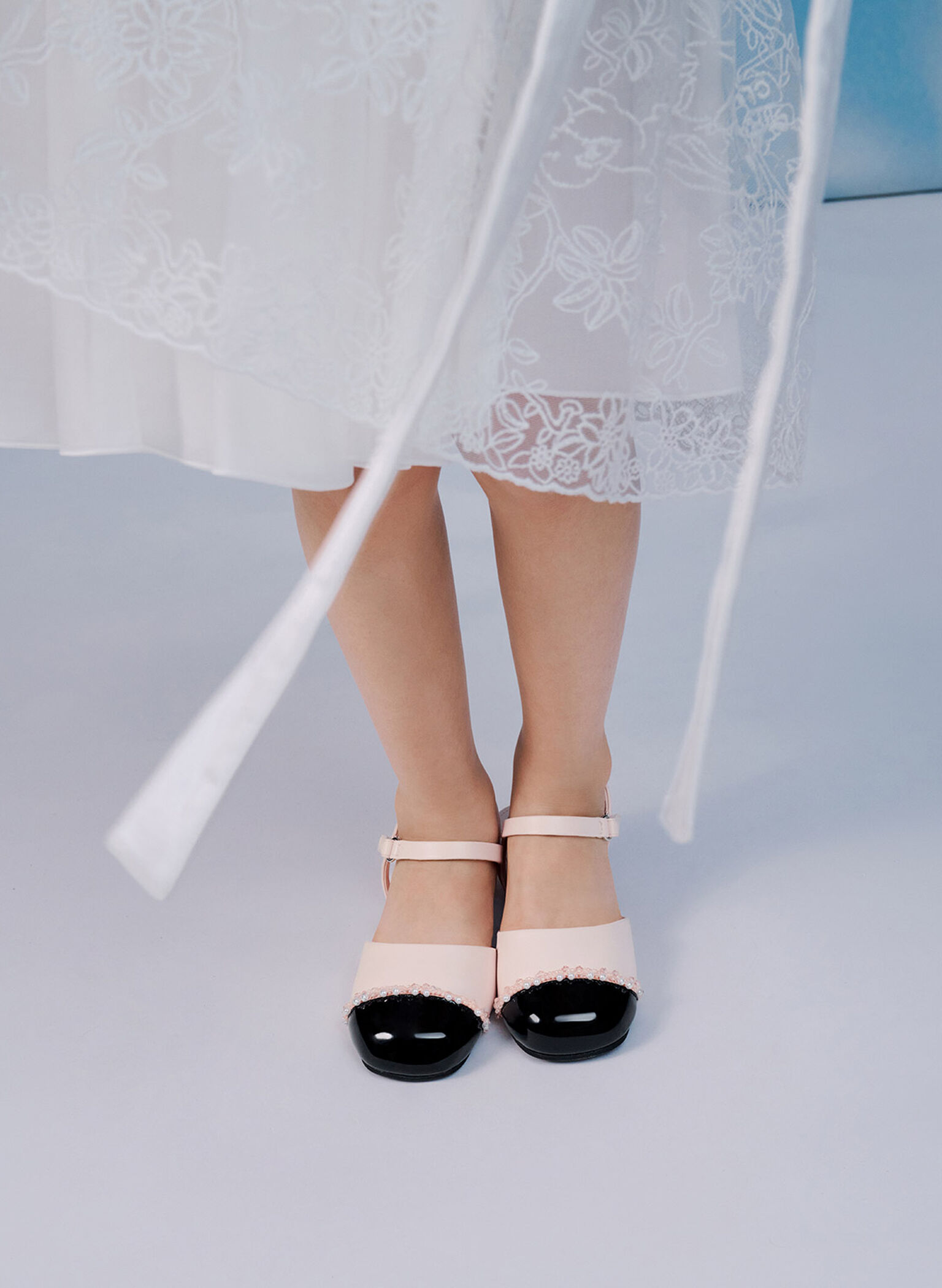 Girls' Pearl-Embellished Cap-Toe Ankle-Strap Flats, Light Pink, hi-res