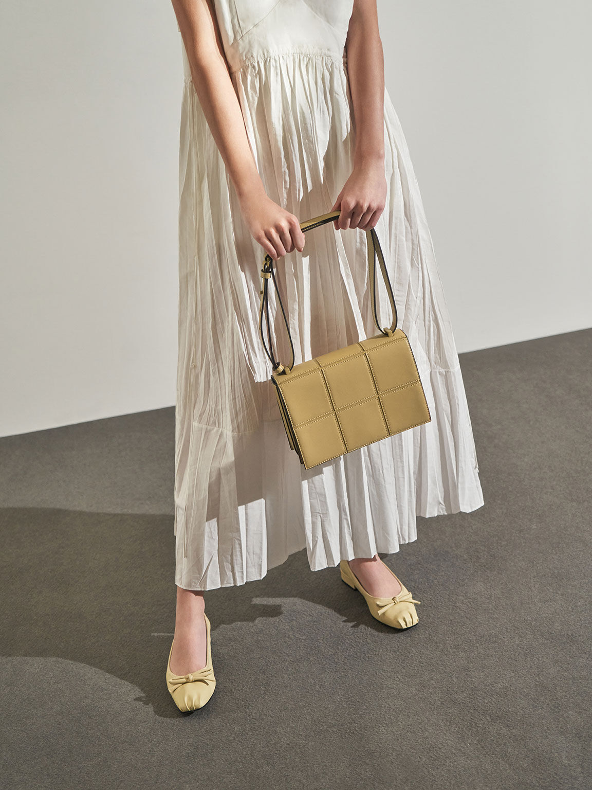 Textured Panelled Shoulder Bag, Yellow, hi-res