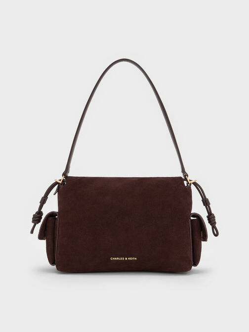 Khai Recycled Suede Ruched-Flap Side-Pocket Top Handle Bag, Espresso Brown, hi-res