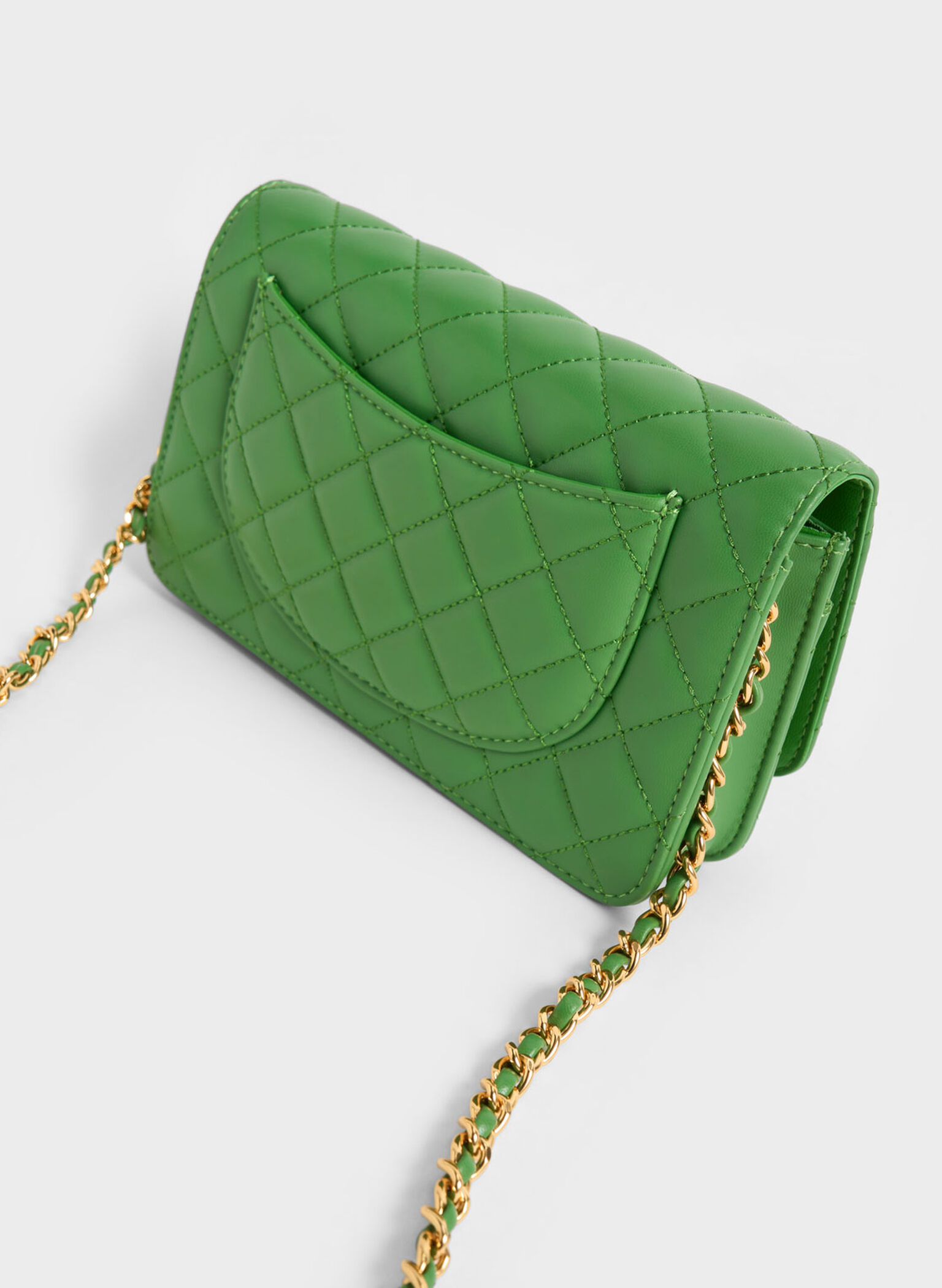 Quilted Push-Lock Clutch, Green, hi-res