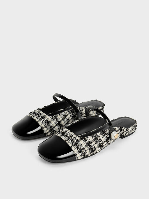 Tweed Pearl Embellished Flat Mules, Black Textured, hi-res