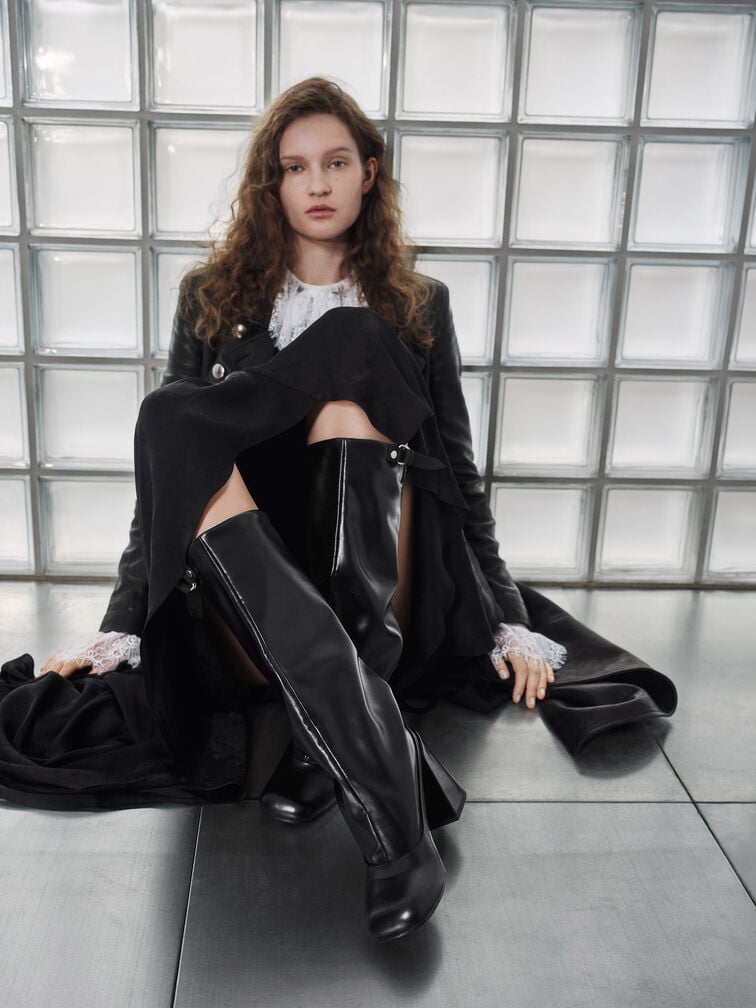 Robbie Side-Buckle Block-Heel Knee-High Boots, Black, hi-res