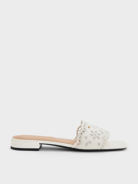 Leather Embroidered Slide Sandals, White, hi-res