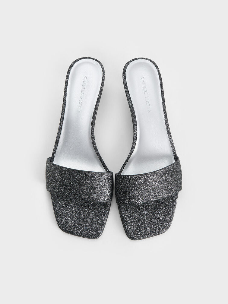 Mules con tacÃ³n de cono y purpurina, Negro texturizado, hi-res