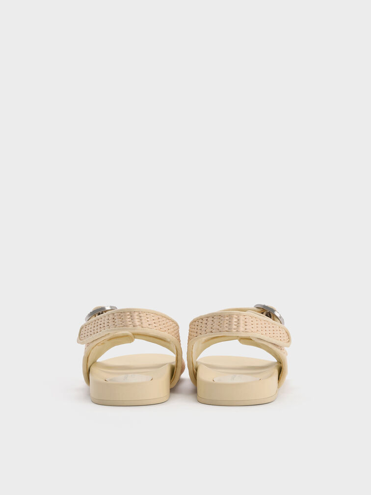Girls' Raffia Crystal-Buckle Double-Strap Slingback Sandals, Cream, hi-res